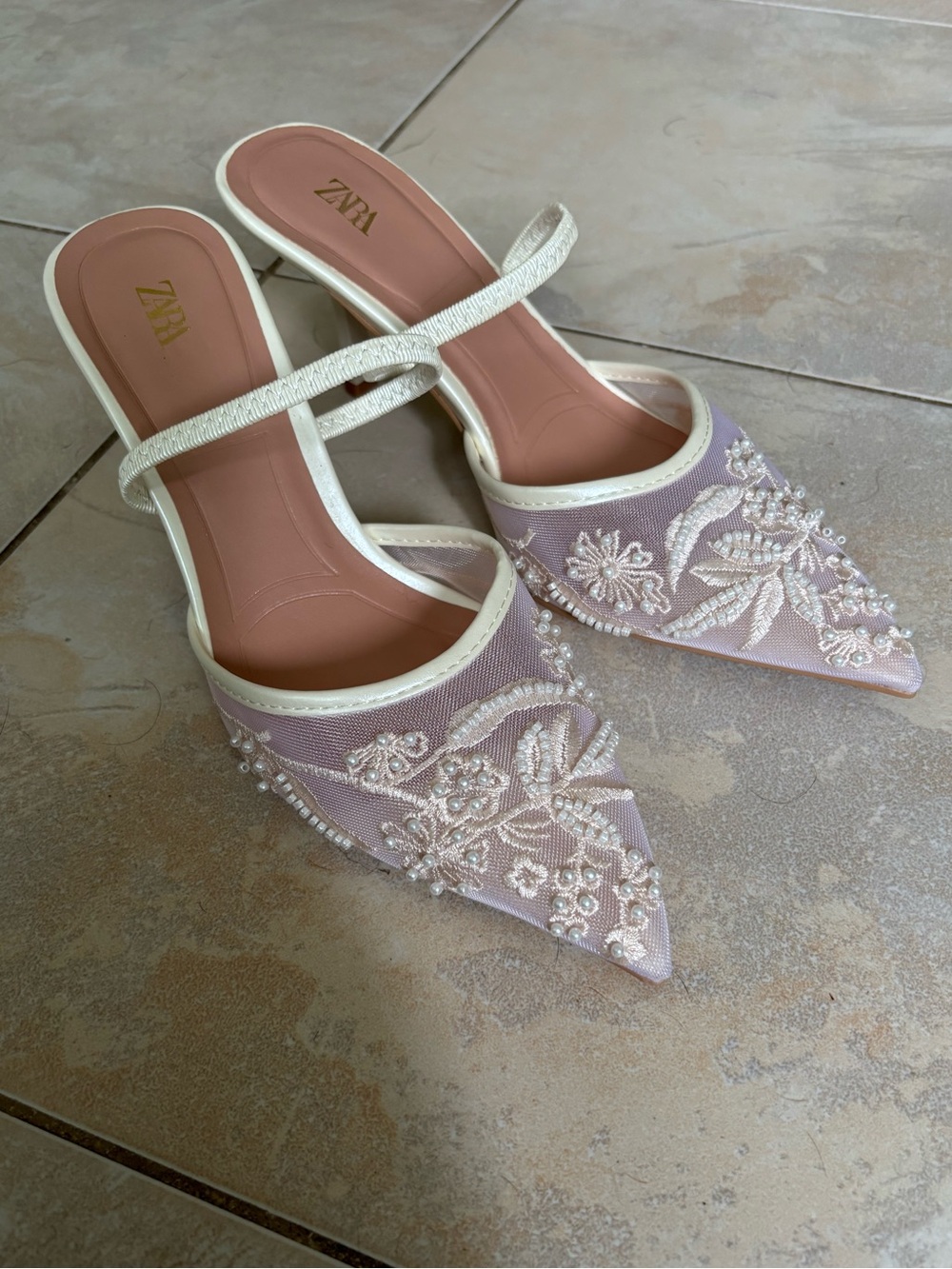 Zara Embroidered Lace Kitten Heel - Size 36